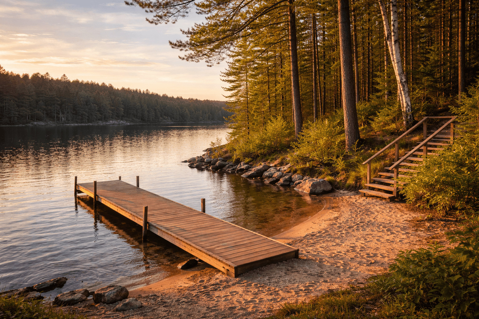Golden hour dock on the lake at Ode'imini Resort