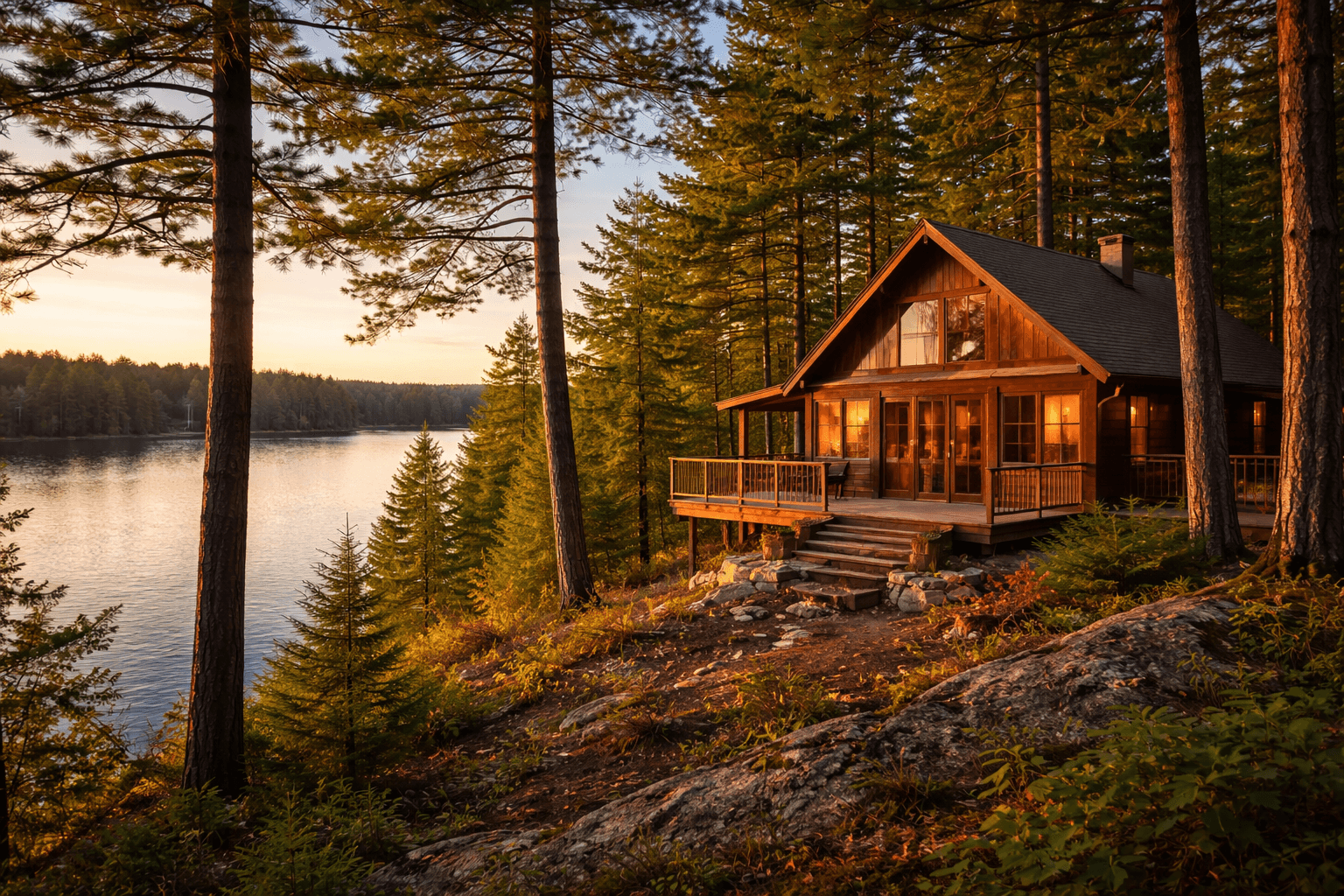 Golden hour lakeside cabin at Ode'imini Resort